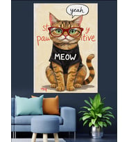 Gözlüklü Kedi Meow Yazılı Dekoratif Kanvas - Mdf Ahşap Tablo