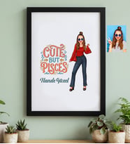 Kişiye Özel Karikatürlü Cute But Pisces Balık Burcu Siyah Çerçeve Doğum Günü Hediyesi
