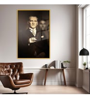 Metal Çerçeveli Temperli Cam Ofis Tablosu Kemal Atatürk (Gold)