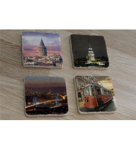 İstanbul Manzaraları Doğal Taş Bardak Altlığı 4'lü set - Natural Stone Coasters