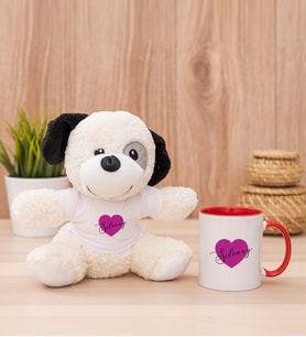Kişiye Özel Mor Kalpli İsimli Peluş Köpek ve Kırmızı Kupa