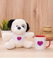Kişiye Özel Mor Kalpli İsimli Peluş Köpek ve Kırmızı Kupa