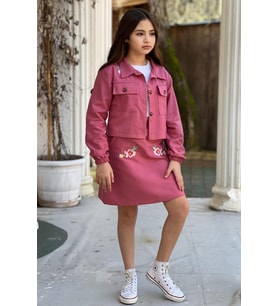 Kız Çocuk Omuzlarında Çiçek işlemeli Ceket Croplu Gabardin Mercan Pembe Etekli T