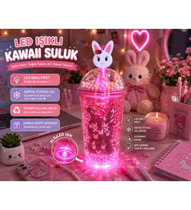 Çift Katlı İçecek Bardağı LED Işıklı Pipetli Kawaii Chibi Sevimli Tavşan Figürlü Suluk 450ML Kırmızı