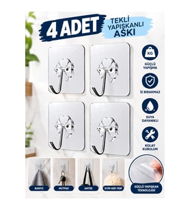 4 Adet Kendinden Yapışkanlı Şeffaf Kapı Duvar Askısı 6*6 Cm