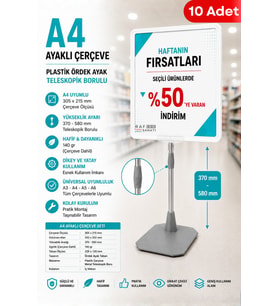 10 Adet - A4 Ayaklı Fiyat Etiketlik Teleskopik Borulu Çerçeve Etiketlik Yönlendirme Levhası Menü Panosu Beyaz