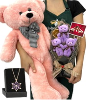 Fotoğraflı 3'lü Peluş Ayıcık Buketi, Gerçek Ametist Taşlı Lotus Kolye ve Pembe Ayıcık (Model 4)