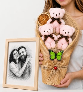 Size Özel Karakalem Fotoğraflı Ahşap Çerçeve ve Büyük Boy Peluş Ayıcık Buketi (Pembe)