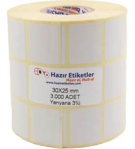 30mm x 25mm 3000 Adetli 3lü Yan Yana Sarılmış Rulolar 40mm Kuka Çapında Direk Termal Transfer Etiketi