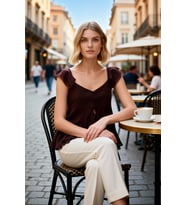 Kadın Bluz V Yaka Fırfırlı Kol Crop Tül Örme Düğmeli Fitted Düz Desenli Yazlık Tasarım Şık