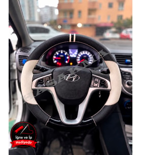 Hyundai Accent Blue Dikme Direksiyon Kılıfı Delikli Deri Parlak Siyah Bej Detay Çift Yüzük ve Dikiş 2011-2019