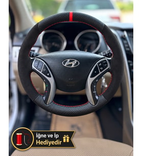 Hyundai i30 Dikme Direksiyon Kılıfı Alcantara Süet Mat Karbon Kırmızı Yüzük ve Dikiş 2012-2017