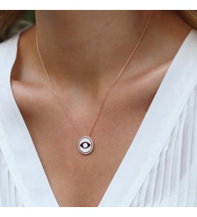 Zirkon Taşlı Mine İşli Göz Modeli Rose Gold Kaplama Gümüş Kolye