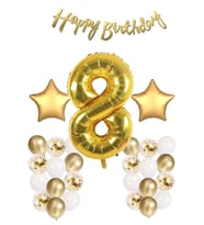 Gold Konsept Doğum Günü Kutlama Seti; Beyaz Gold Konfetili Balon, Rakam Yıldız Folyo Ve Banner