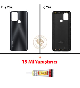 Infinix Hot 10T Siyah Uyumlu Arka Kapak + B7000 Yapıştırıcı Arka Cam Batarya Pil Kapağı Lazer Kesim