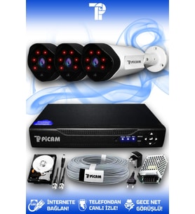 PICAM 3 Kameralı Uzay 3 Dış Kamera Set 1 TB HDD Full HD Gece Görüşlü Güvenlik Kamerası Sistemi