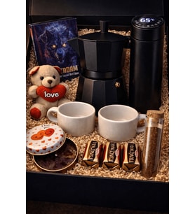 Moka pot hediye seti (3 Cup) , Dijital Termoslu , Özel Espresso ve 2'li Fincan   Konsept Kahve Hediye Seti (Siyah)