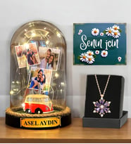 İsimli 3 Fotoğraflı Işıklı Fanus ve Gerçek Ametist Taşlı Lotus Kolye (Model 6)