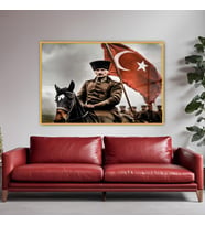 Metal Çerçeveli Yatay Cam Ofis Duvar Tablosu Atatürk Görseli (Gold)