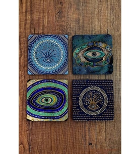 Doğal Taş Bardak Altlığı Uv Baskılı 4'lü Set Nazar - Stone Coasters