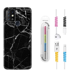 INFINIX Hot 8 9 10 11S Hot 10 Play 10T Kılıf Kablo Koruma Spiral Silikon Fragile Black Mermer 1378