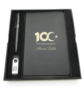 Yüzüncü Yıl (100. Yıl) Özel Set - Kalem + Defter Usb Bellek Set - İsme Özel (Karışık)
