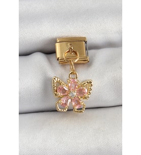 316L Çelik Sallantılı Zirkon Taşlı Çiçek Figürlü Kelebek Model Gold Renk Nomination Charm 5886