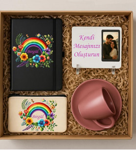 Kişiye Özel gökkuşağı çiçek desenli Hediye Seti pembe (Pembe)