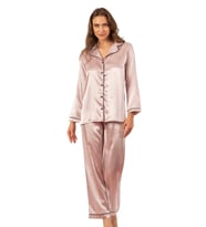 Biyeli Uzun Kol Saten Önden Düğmeli Pijama Takımı  Pudra 7647