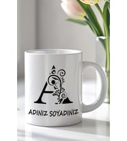 Kişiselleştirilebilir A Harfi Tasarımlı 330ml Baskılı Beyaz Seramik Kupa Bardak (Siyah Beyaz Baskili)