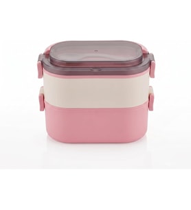 2 Katlı Taşınabilir Yemek Kabı, Lunch Box, Diyet Beslenme Kutusu, Çatal Kaşık Dahil, 11.5 x 21 x 11.5 cm (Pembe-Krem)