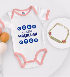BK Kids Kişiye Özel Maşallah Tasarımlı Pembe Bebek Body Zıbın ve Kız Bebek Künyesi Hediye Seti-2