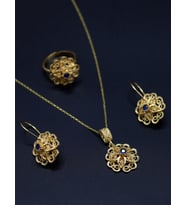 Safir Taşlı Gül Model Kadın Gold Kaplama 925 Ayar Gümüş Telkari Üçlü Set 201025204