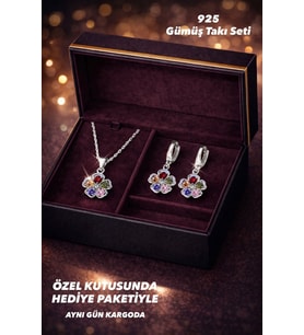 925 Ayar Damgalı Gümüş Kaplama Renkli Çiçek Tasarım Kolye Küpe Takı Seti – Özel Kutulu Işıltılı Kadın Set (Silver)