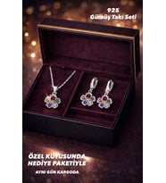 925 Ayar Damgalı Gümüş Kaplama Renkli Çiçek Tasarım Kolye Küpe Takı Seti – Özel Kutulu Işıltılı Kadın Set (Silver)