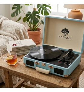 QUIQA HANAMI HEM SARJLI HEM BLUETOOTHLU TÜM PLAKLARI ÇALABİLEN PİKAP (Turkuaz)