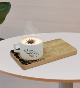 BK Gift Kişiye Özel Mermer Tasarımlı Doğal Ahşap Tabaklı Seramik Fincan Sunum Seti  Model 6