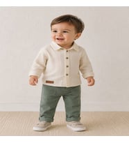 Erkek Bebek Müslin Kumaşlı Gömlek- Pantolon Takım - 6-9 AY / KREM
