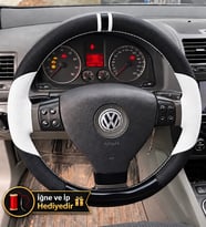 Vw Golf 5 Dikme Direksiyon Kılıfı Delikli Deri Parlak Siyah Beyaz Detay Çift Yüzük ve Dikiş 2003-2008
