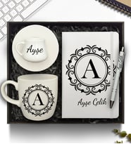Kişiye Özel Defter & PorselenTabaklı Fincan & Beyaz Kupa & Kalem Hediye Seti