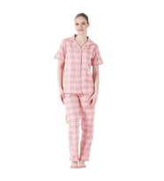 Estiva Kareli Desen Önden Düğmeli Bayan Pijama Takım (Pembe)