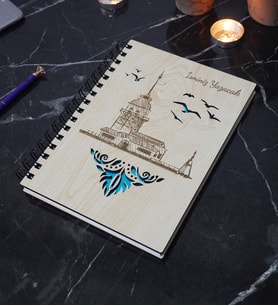 Kişiye Özel Kız Kulesi Desenli Ahşap Kapaklı Defter - Ajanda - İsme Özel - A5 60 Yaprak (120 SAYFA) Hediyelik (Mavi)