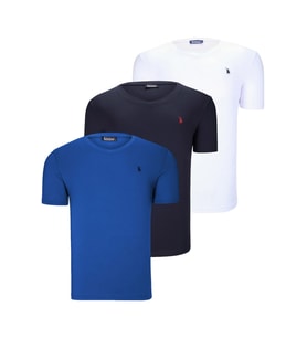 ÜÇLÜ SET T8568 DEWBERRY V YAKA ERKEK T-SHIRT-KOYU LACİVERT-KAR BEYAZ-AÇIK SAKS (Karışık)