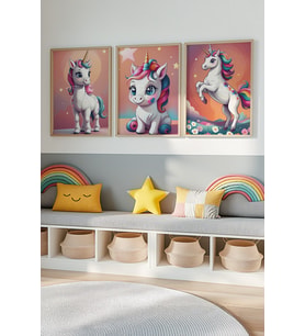 Bebek ve Çocuk Odası Unicorn Tema Ahşap Çerçeveli 3'lü Tablo Seti