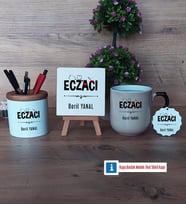 Eczacı Dekoratif Taş, Kalemlik, Sihirli Oval Kupa Bardak, Ahşap Anahtarlık Hediye (Model 1)