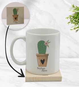 BK Gift Kişiye Özel Kaktüs Tasarımlı Beyaz Kupa Bardak ve Ahşap Bardak Altlığı Hediye Seti - Model 6