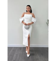 Atlas Kumaş Saten Detaylı Kalem Elbise - BEYAZ