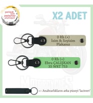 Motorcu Tarzı Plakalı & İsimli Deri x2' li Anahtarlık,  0 Rh (+) Kan Grubu ile, S Kahve-F Yeşil-Laci (Çok Renkli)