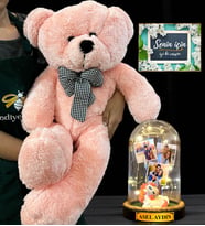 Size Özel İsimli Premium Set - Büyük Boy Pembe Peluş Ayıcık ve İsimli 3 Fotoğraflı Led Işıklı Fanus (Model 5)