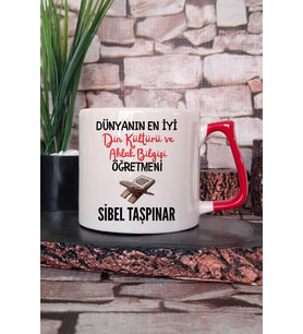 Dünyanın En İyi Din Kültürü Öğretmeni Baskılı Kişiye Özel Öğretmenler Günü Kırmızı Kulplu Kupa